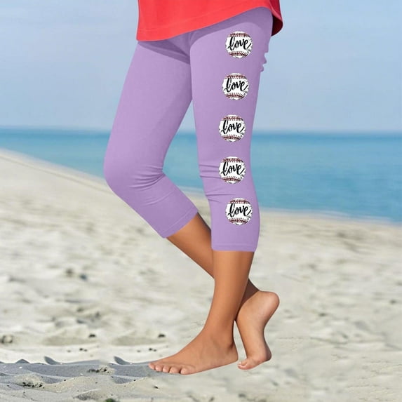 Juslio Girls Capris Kids Girls Fashion Baesball Print Summer Leisure Yoga Leggings Sports Cropped(Purple Capris, 8 Years)