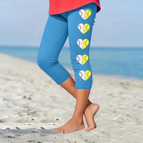 Juslio Girls Pants Kids Girls Fashion Baesball Print Summer Leisure Yoga Leggings Sports Cropped（Sky Blue Capris， 5 Years）