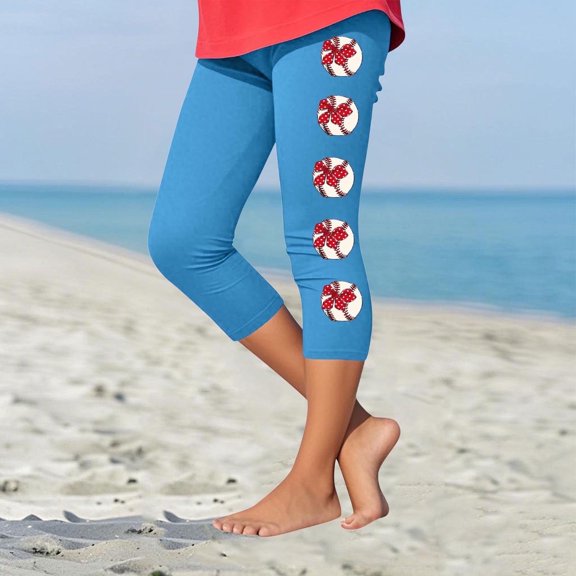 Juslio Girls Pants Kids Girls Fashion Baesball Print Summer Leisure Yoga Leggings Sports Cropped(Sky Blue Capris, 8 Years)