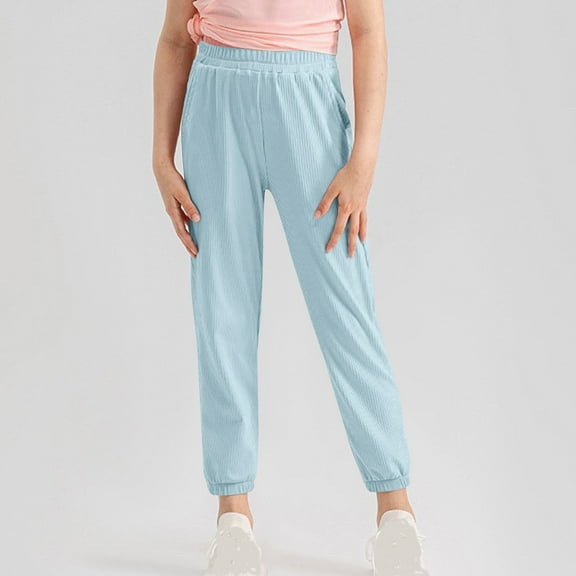 Juslio Girls Pants Solid Casual 5-15 Years Middle Loose Sports Breathable Ankle Mosquito Blue