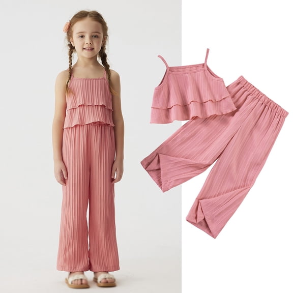 Juslio Girls Pants Solid Casual Boy Short Sleeveless Round Neck Collar Botton Sets Pink