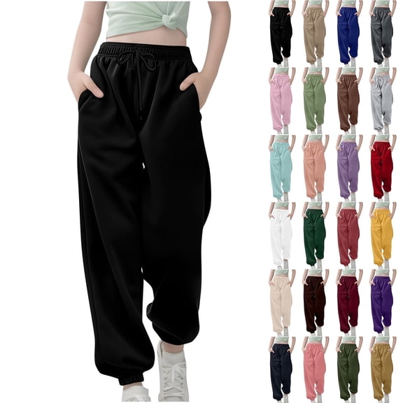 Juslio Pants for Girls Elastic Waist High Waist Drawstring Elastic Bottom Sweatpants,Size 3-13