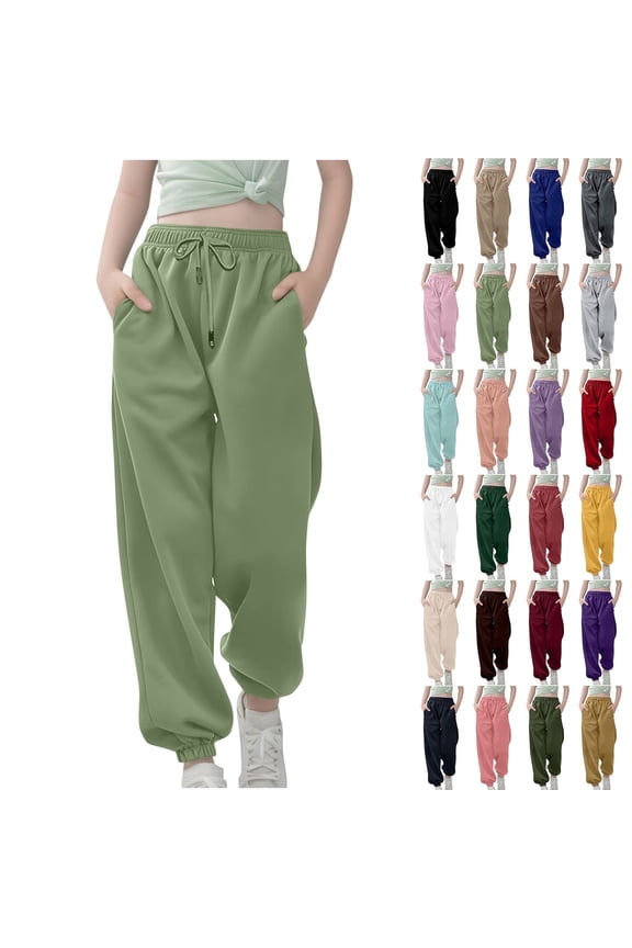 Girls Elastic Waist Sweatpants High Waist Drawstring Elastic Bottom Pants,Size 3-13