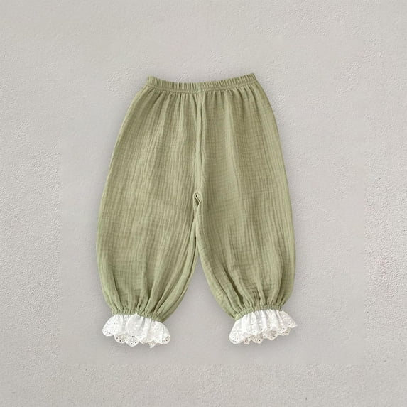 Juslio Girls Pants Solid Casual Summer NewLace Bound Leg Lantern Double-layer Gauze Outer Mosquito Proof Green