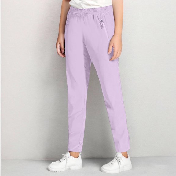 Juslio Girls Pants Solid Casual Summer Spring Middle School Elastic Waist Pant Zipper Purple