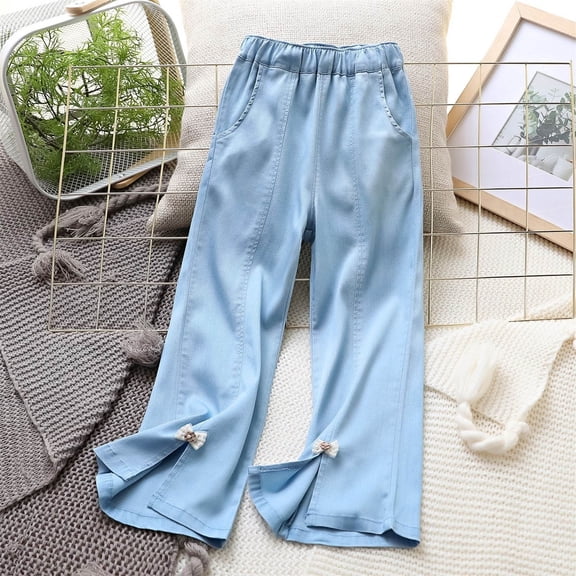 Juslio Girls Pants Solid Casual With Pockets Summer Side Split Flared DenimElastic Waistb Jeans Flare Leggings