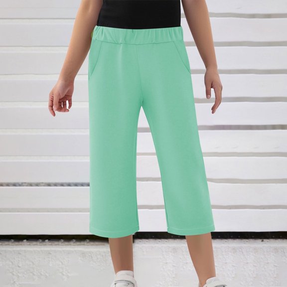 Juslio Girls Pants Summer Children Kids Boy Girl Solid Color Casual Elastic Waist(Mint Green Capris, 13 Years)