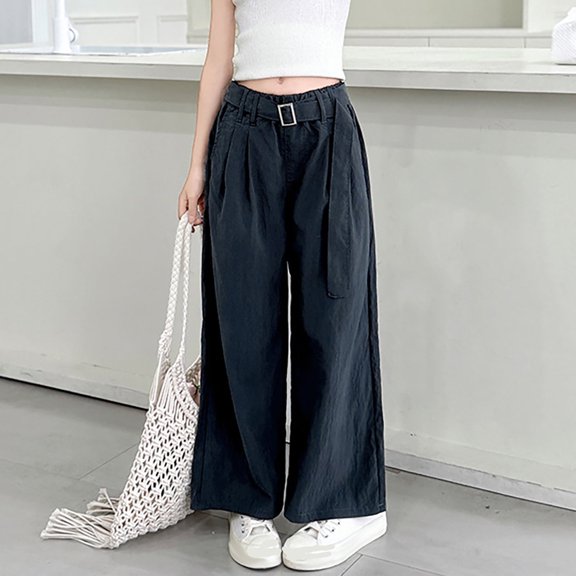Juslio Girls Pants Unisex Child Casual 8-16 Years Mid Waist Loose Pocket Wide Leg Cropped Navy