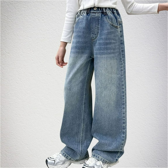 Juslio Girls Pants Unisex Child Casual Jeans Loose Straight Leg Wide Leg Blue