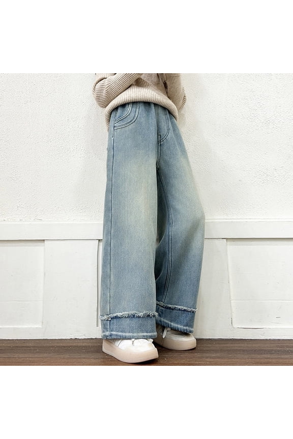 Girls Jeans Cute Elastic Waist Straight Leg Jeans Multi Pocket Pants Sizes 5-15