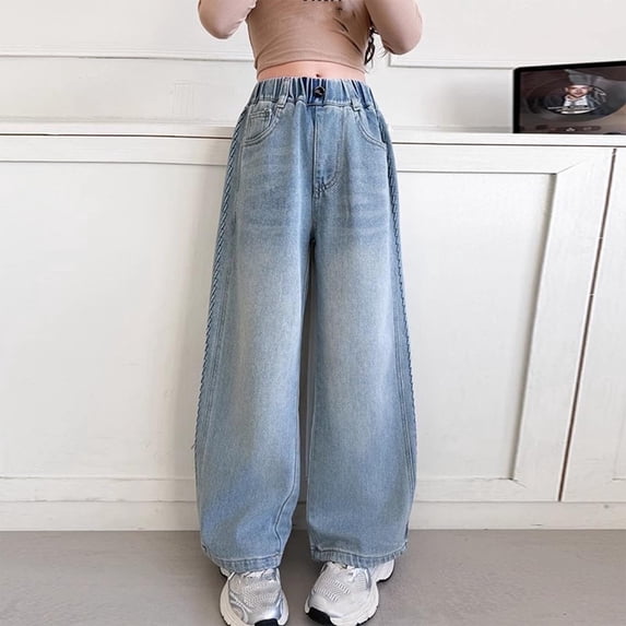 Juslio Jeans for Girls Cute Straight Leg Jeans Elastic Waist Multi Pocket Pants Sizes 5-15