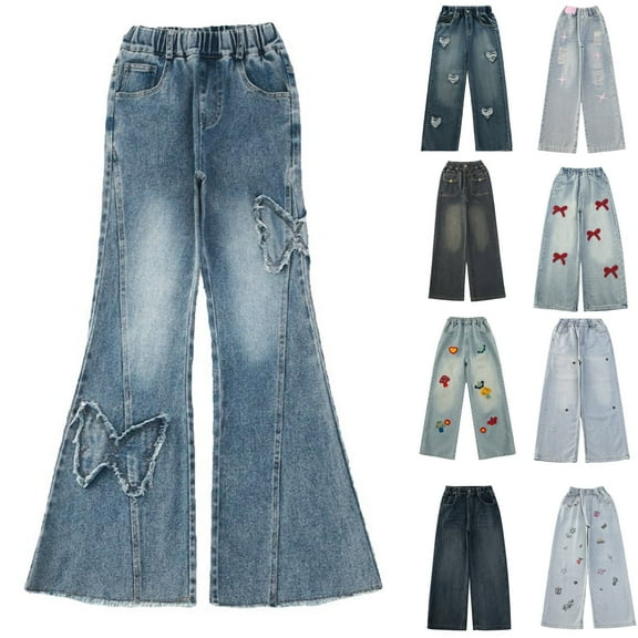 Juslio Jeans for Girls Cute Flare Leg Jeans Elastic Waist Multi Pocket Pants Sizes 5-15