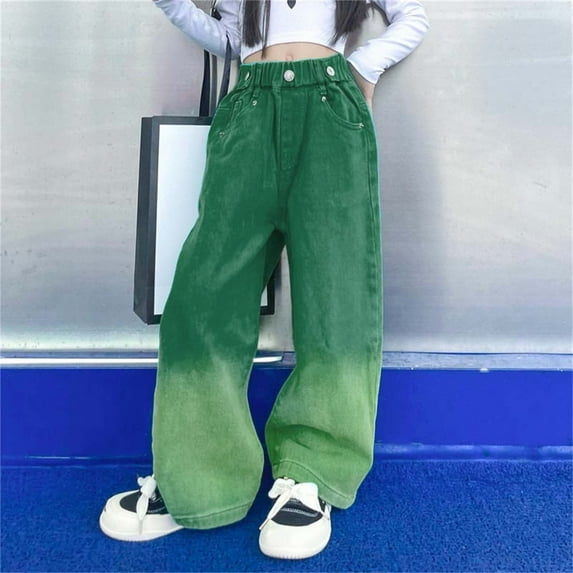 Juslio Girls Pants Unisex Child Casual Spring NewJeans With Stylish Gradient Color for BigWide Leg Trendy Green