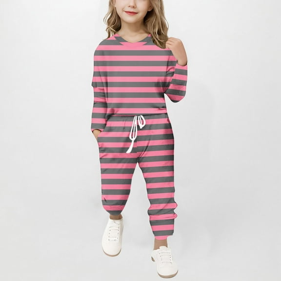 Juslio Girls Pants Unisex Child Casual Stripe Sleeve Set Two-piece Set Girl Pink