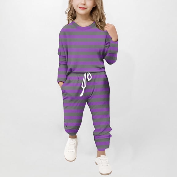 Juslio Girls Pants Unisex Child Casual Stripe Sleeve Set Two-piece Set Girl Purple