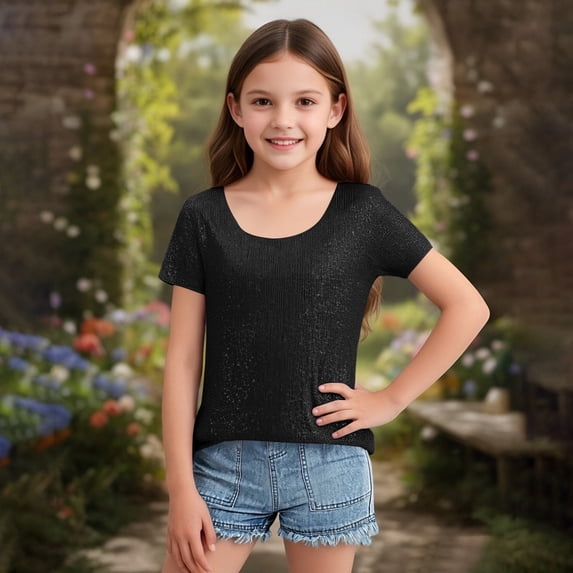 Juslio Girls Sequin Shirts Short Sleeved Tops Comfortable, Breathable Crew Neck Casual T Shirts Sizes 2-18