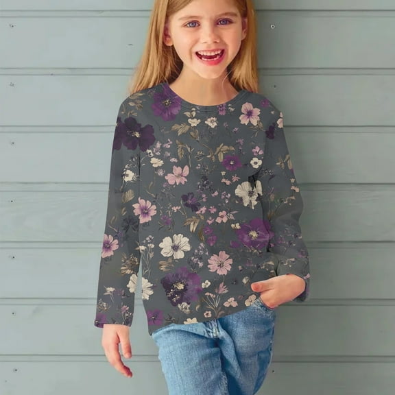 Juslio Girls Shirts Graphic Tees Long Sleeve Round Neck Print Fashion Tops Casual Kids Clothing Girls and Boys Shirts