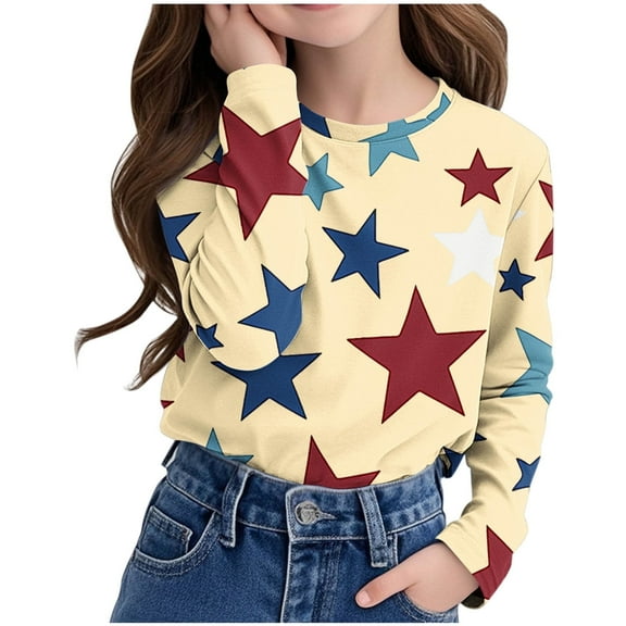 Juslio Girls Shirts Graphic Tees Long Sleeve Round Neck Print Fashion Tops Casual Kids Clothing Girls and Boys Shirts