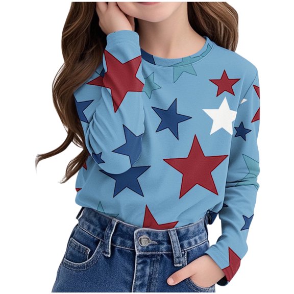 Juslio Girls Shirts Graphic Tees Long Sleeve Round Neck Print Fashion Tops Casual Kids Clothing Girls and Boys Shirts Sweatshirts