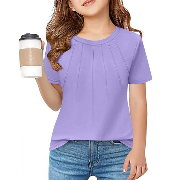 Juslio Girls Shirts Ruched Short Sleeve Round Neck Casual Kids Clothing Fashion Tops Blouses