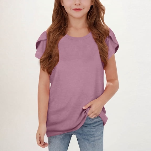 Juslio Girls Shirts Short Sleeve Round Neck Solid Casual Kids Clothing Fashion Tops T-Shirts