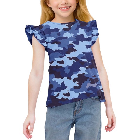 Juslio Girls T Shirts Camouflage Ruffle Short Sleeve Fashion Tops Casual Kids Clothing 3-15Years T-Shirts