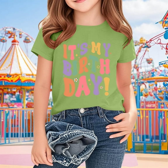 Juslio Girls T Shirts Graphic Tees Short Sleeve Round Neck Print Fashion Tops Casual Kids Clothing Girls and Boys Shirts