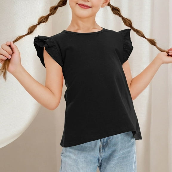 Juslio Girls T Shirts Short Sleeve Ruffle Round Neck Solid Fashion Tops Casual Kids Clothing T-Shirts