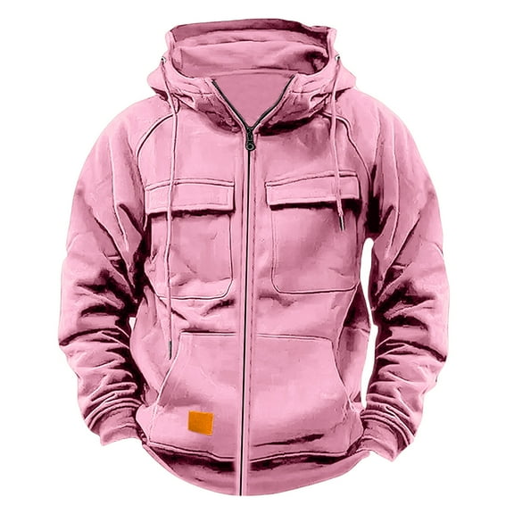 Juslio Hoodies for Men Sweatshirts for Men Zipper Pocket Long Sleeve Outerwear Pink
