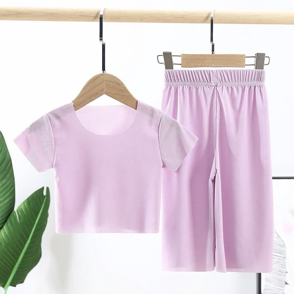 Juslio Kids 2-Piece Breathable Girls Crew Neck Ice Silk T Shirts Tops+Elastic Waist Capris Comfortable Outfits Sets 5 Years