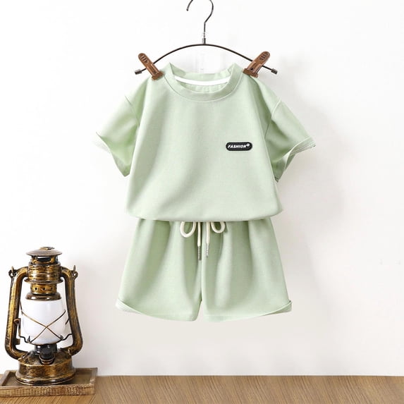 Juslio Kids 2-Piece Cotton Girls Crew Neck Waffle T Shirts Tops+Drawstring Shorts Breathable Comfortable Outfits Sets 5 Years