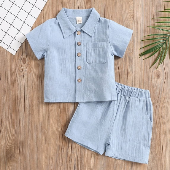 Juslio Kids 2-Piece Knitting Cotton Girls Boys Pockets Collar T Shirts Tops+Elastic Waist with Pockets Shorts Breathable Comfortable Outfits Sets 11-12Years