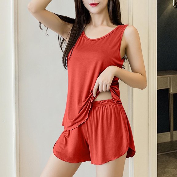 Juslio Ladies Pajamas Sleeveless Homewear Solid Tank Tops and Elastic Waist Shorts Ruffle 2 Piece Matching Pajamas Sets XL