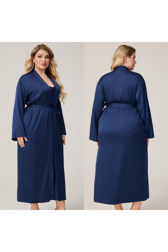 Ladies Pajamas Solid Fashion Plus Size Silk Robe and Halter Dress 2-Piece Matching Pajamas Sets 3XL