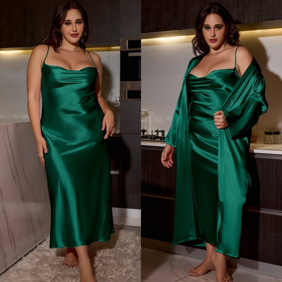 Juslio Ladies Pajamas Solid Fashion Plus Size Silk Robe and Halter Dress 2-Piece Matching Pajamas Sets 4XL