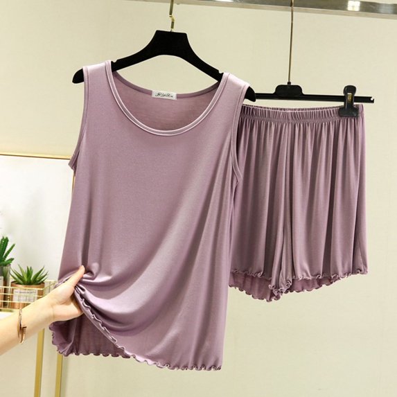 Juslio Ladies Pajamas Solid Homewear Fashion Modal Crewneck Sleeveless and Shorts 2 Piece Matching Pajamas Sets 2XL