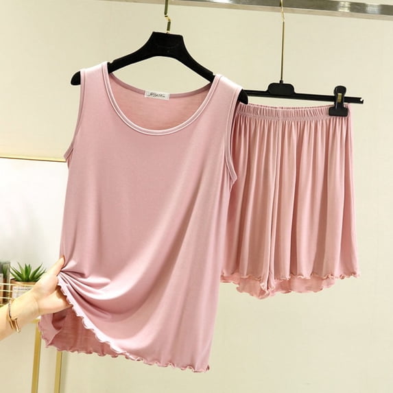 Juslio Ladies Pajamas Solid Homewear Fashion Modal Crewneck Sleeveless and Shorts 2 Piece Matching Pajamas Sets XL