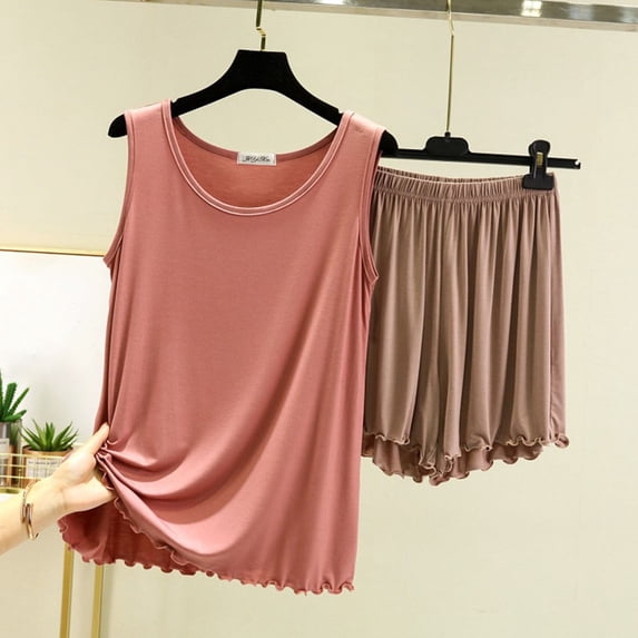 Juslio Ladies Pajamas Solid Homewear Fashion Modal Crewneck Sleeveless and Shorts 2 Piece Matching Pajamas Sets XL