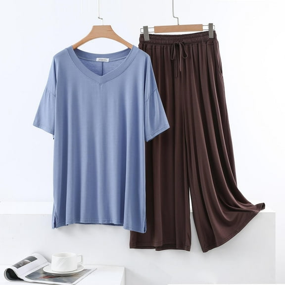 Juslio Ladies Pajamas Solid Homewear Fashion Modal V-Neck T Shirt and Tie 2 Piece Matching Pajamas Sets XL
