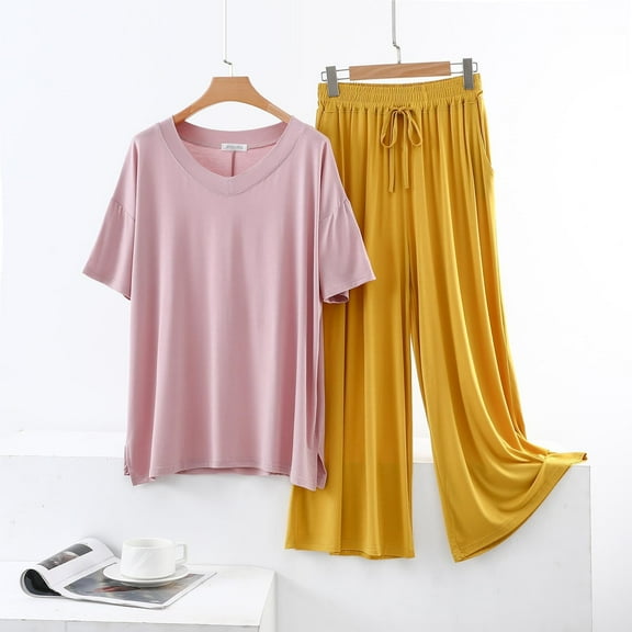 Juslio Ladies Pajamas Solid Homewear Modal V-Neck T Shirt and Tie Fashion 2 Piece Matching Pajamas Sets XL