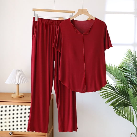 Juslio Ladies Pajamas Solid Homewear Modal with Chest Pad Tops and Pants Fashion 2 Piece Matching Pajamas Sets XL