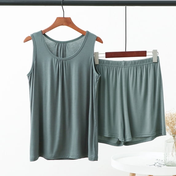 Juslio Ladies Pajamas Solid Plus Size Homewear Modal Tank Tops and Shorts Fashion 2 Piece Matching Pajamas Sets 5XL