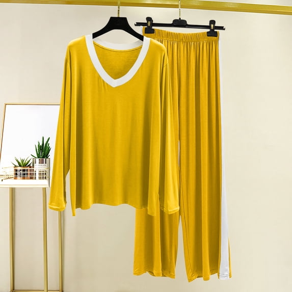 Juslio Ladies Pajamas Solid V-Neck Modal Long Sleeve Tops and Loose Pants 2-Piece Matching Pajamas Sets L