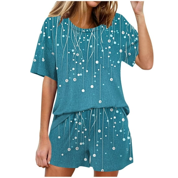 Juslio Ladies Pajamas with Pockets Homewear Fashion Print Crewneck Tops and Shorts 2 Piece Matching Pajamas Sets L