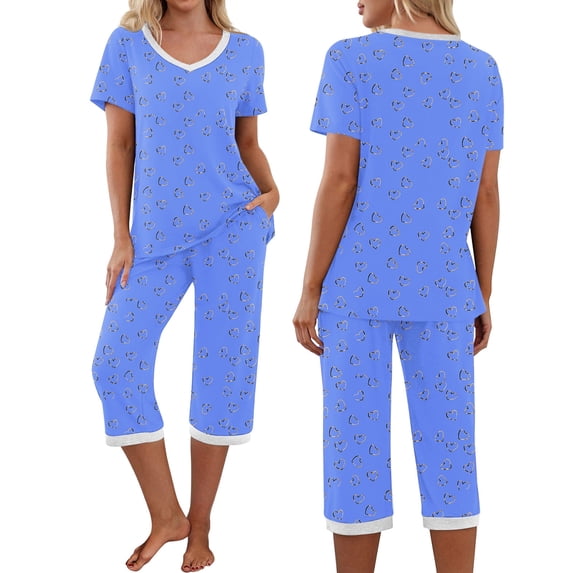 Juslio Ladies Pajamas with Pockets Homewear Print V-Neck Tops and Capris Fashion 2 Piece Matching Pajamas Sets M