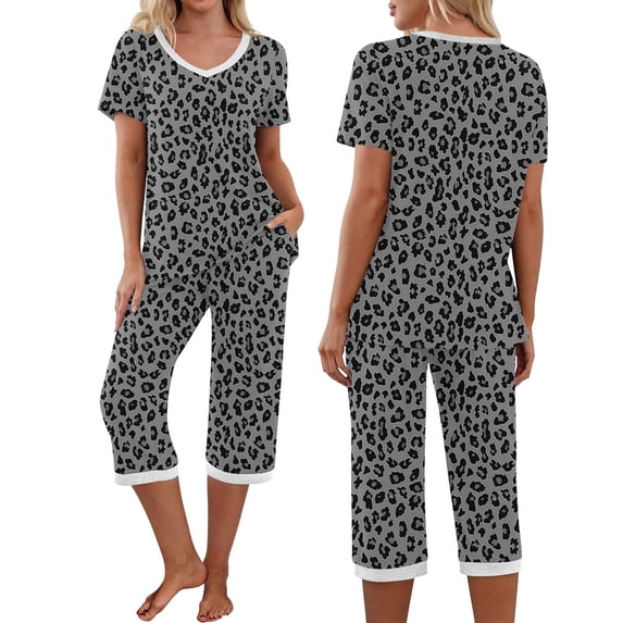 Juslio Ladies Pajamas with Pockets Homewear Print V-Neck Tops and Capris Fashion 2 Piece Matching Pajamas Sets XL