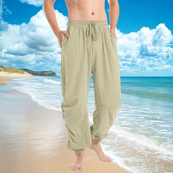 Juslio Linen Pants Plus Size Pants for Men Wide leg With Pockets Solid Color Drawstring Elastic Waist Casual Work Beach