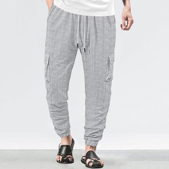 Juslio Linen Pants Mens Plus Size Pants Loose Comfy Casual Work With Pockets Solid Color Drawstring Elastic Waist Beach