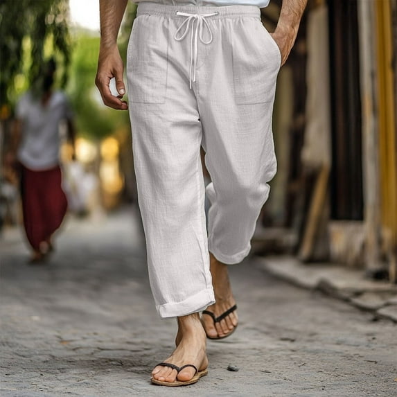 Juslio Linen Pants Mens Plus Size Pants Loose Comfy Elastic Waist Casual Work With Pockets Solid Color Drawstring Beach