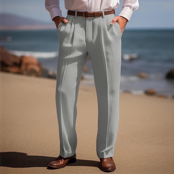 Juslio Linen Pants Mens Work Pants Straight Leg Solid Color Drawstring Elastic Waist Casual Work With Pockets Beach